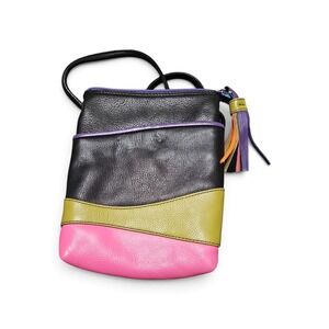 ILI New York Black Leather Colorblock Crossbody Bag Tassel Detail Small Purse